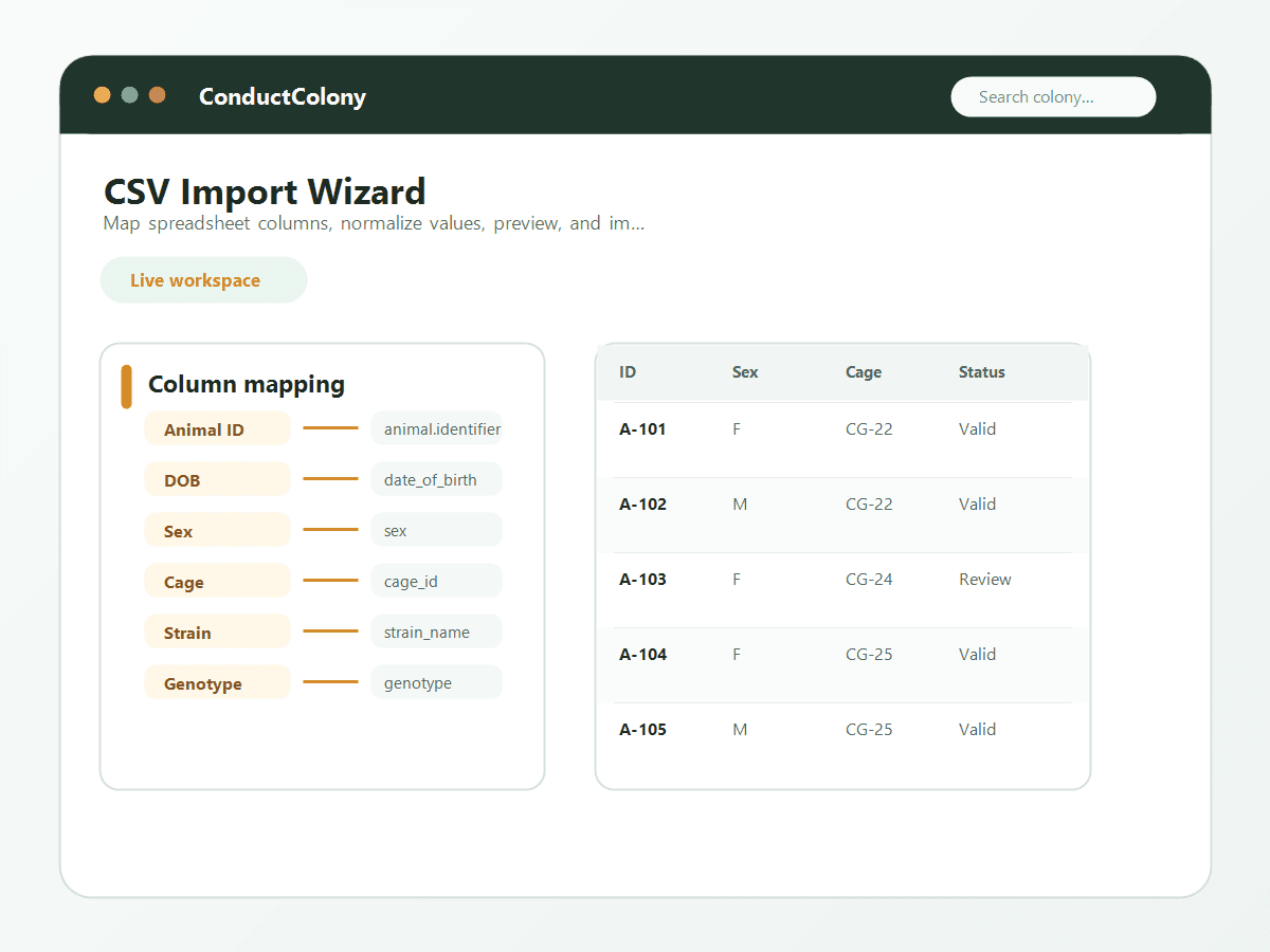 ConductColony CSV import wizard showing spreadsheet column mapping and a validation preview table.