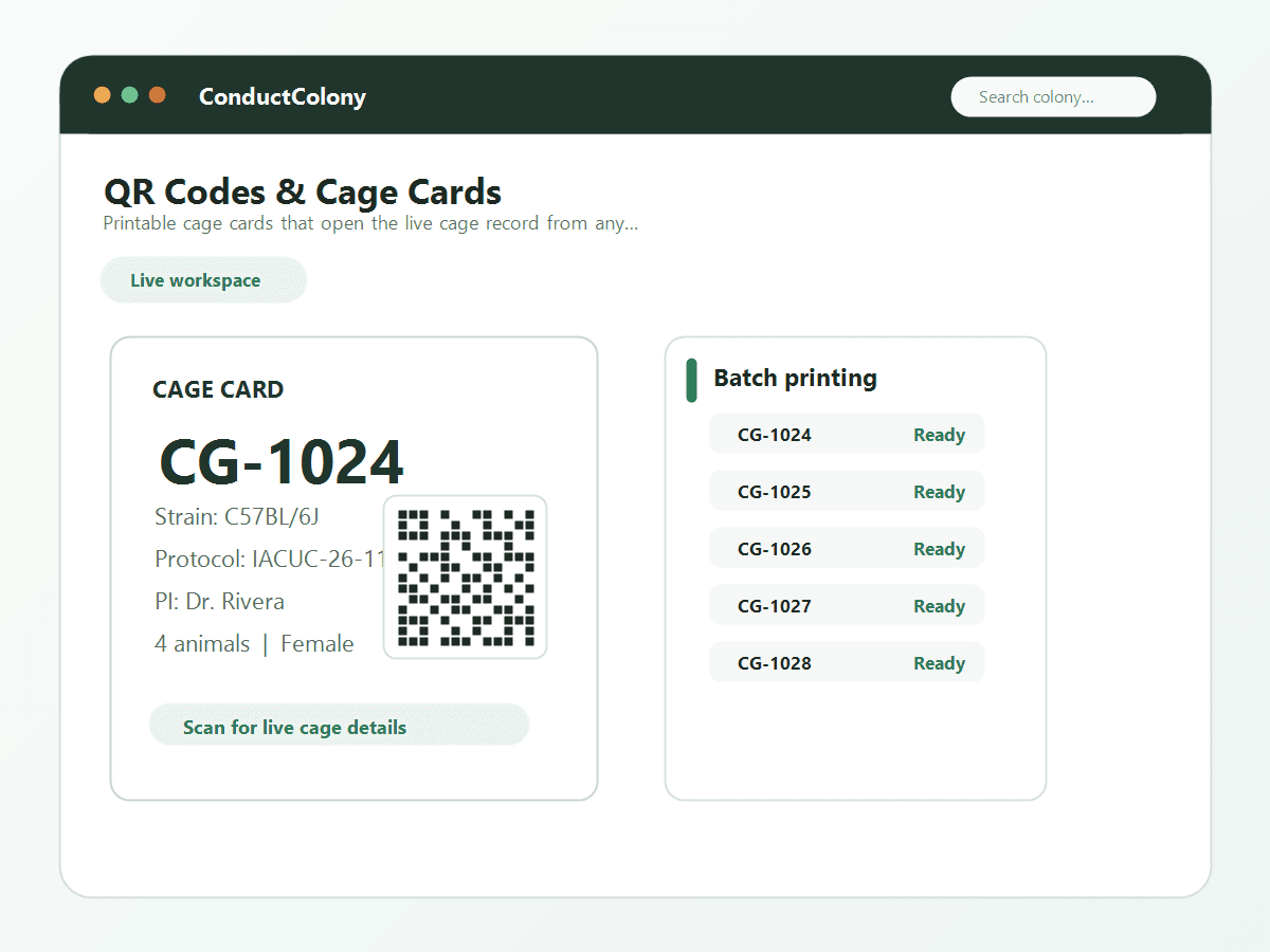 ConductColony printable cage card with QR code alongside a batch printing queue for cage cards.