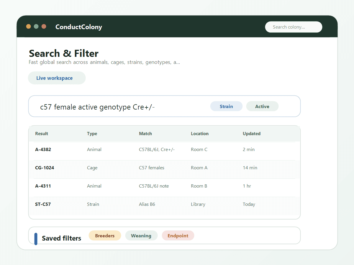 ConductColony search and filter results with saved filters for breeders, weaning, and endpoint workflows.