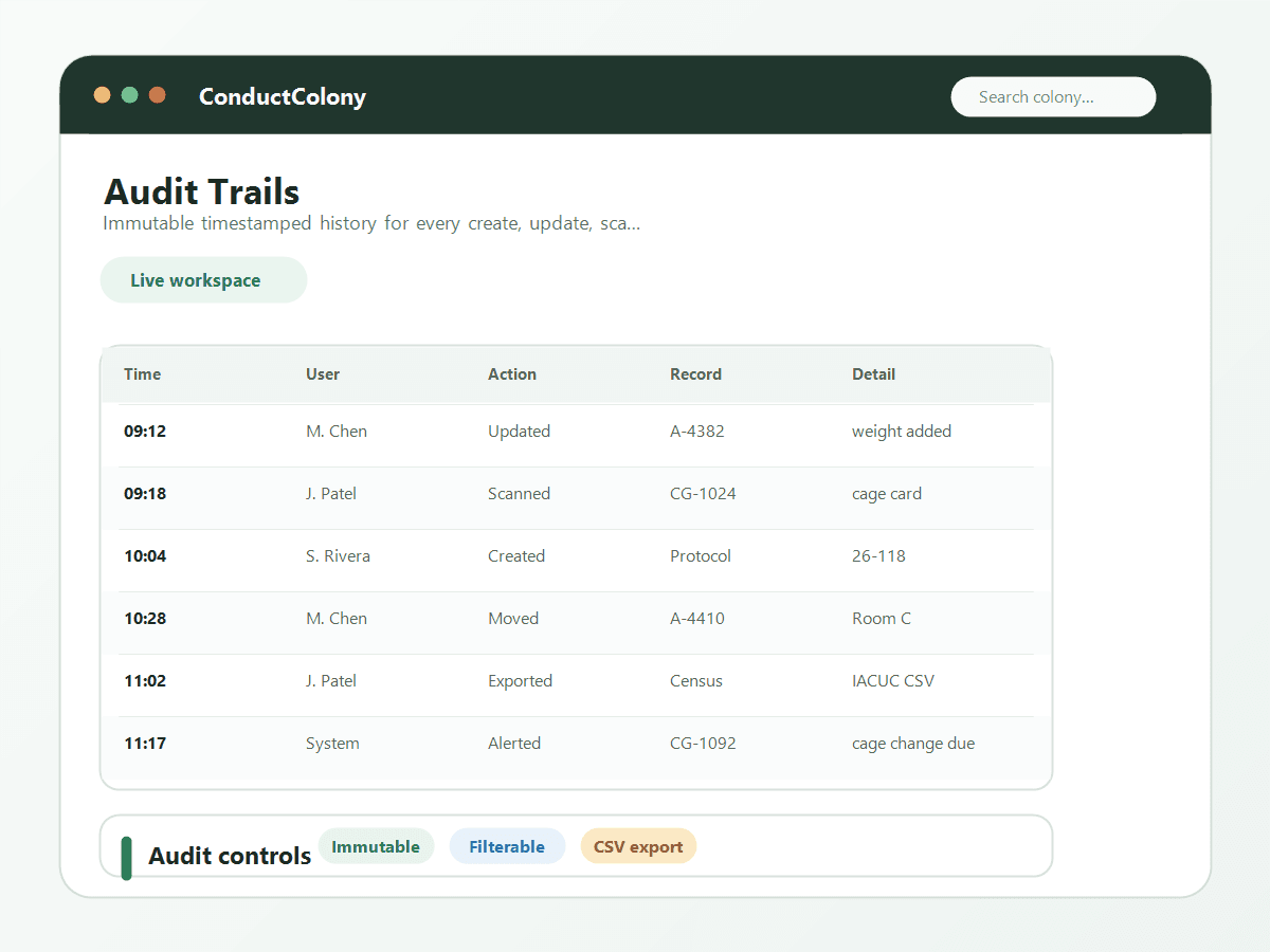ConductColony audit trail table with timestamped user actions, record changes, scans, and exports.