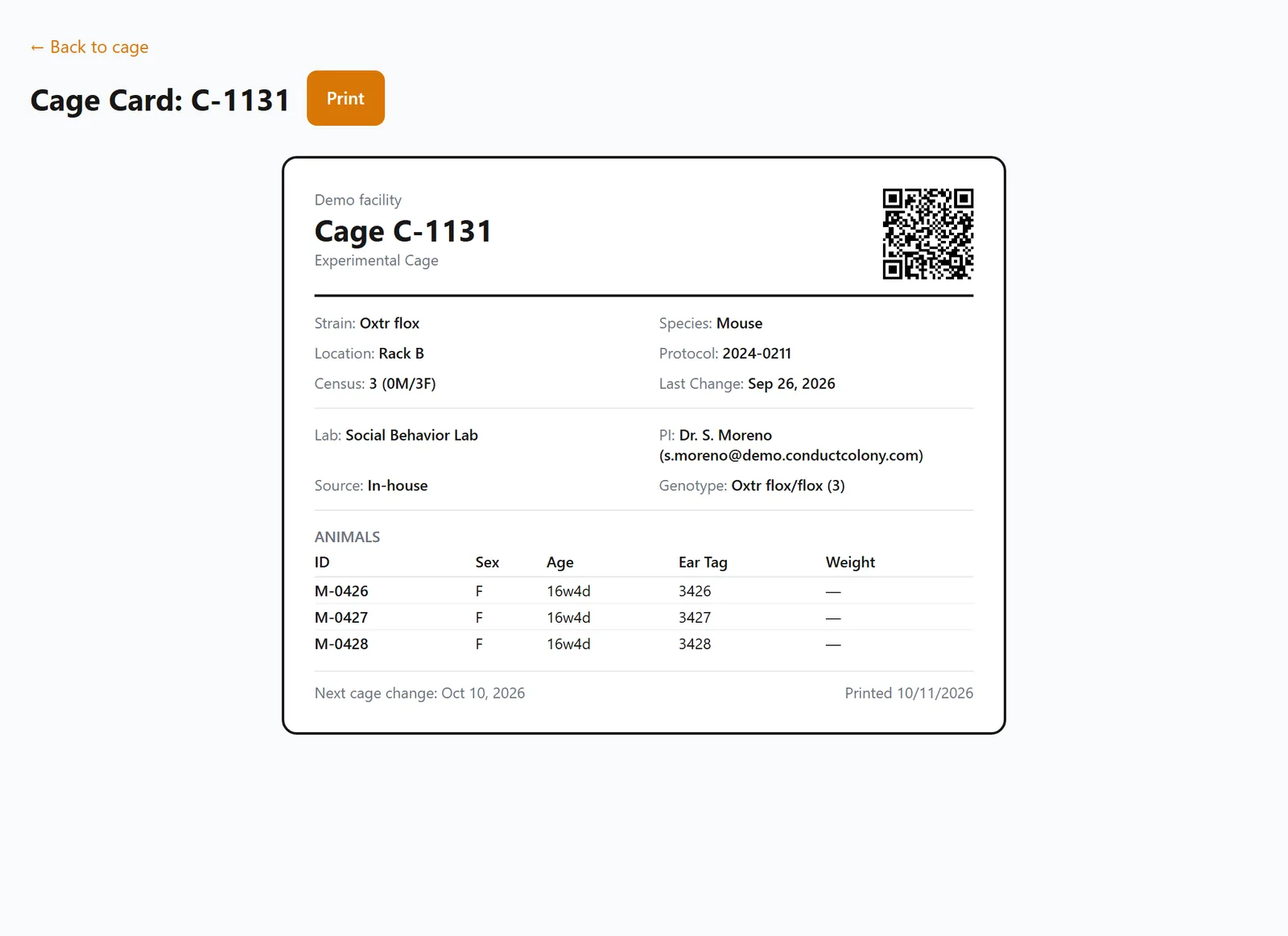 The card for cage C-1131: strain, species, location, protocol, census, last change, lab, PI, source, genotype, three animals, the next change date and a QR code.