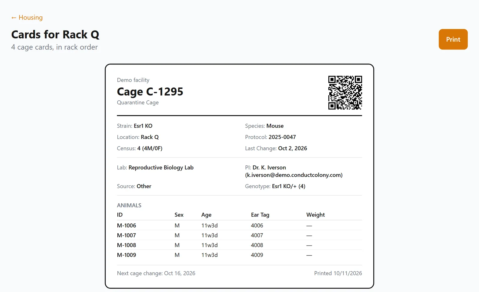Cards for Rack Q, four cage cards in rack order, the first for cage C-1295 with its strain, protocol, lab, PI, genotype, animals and QR code.
