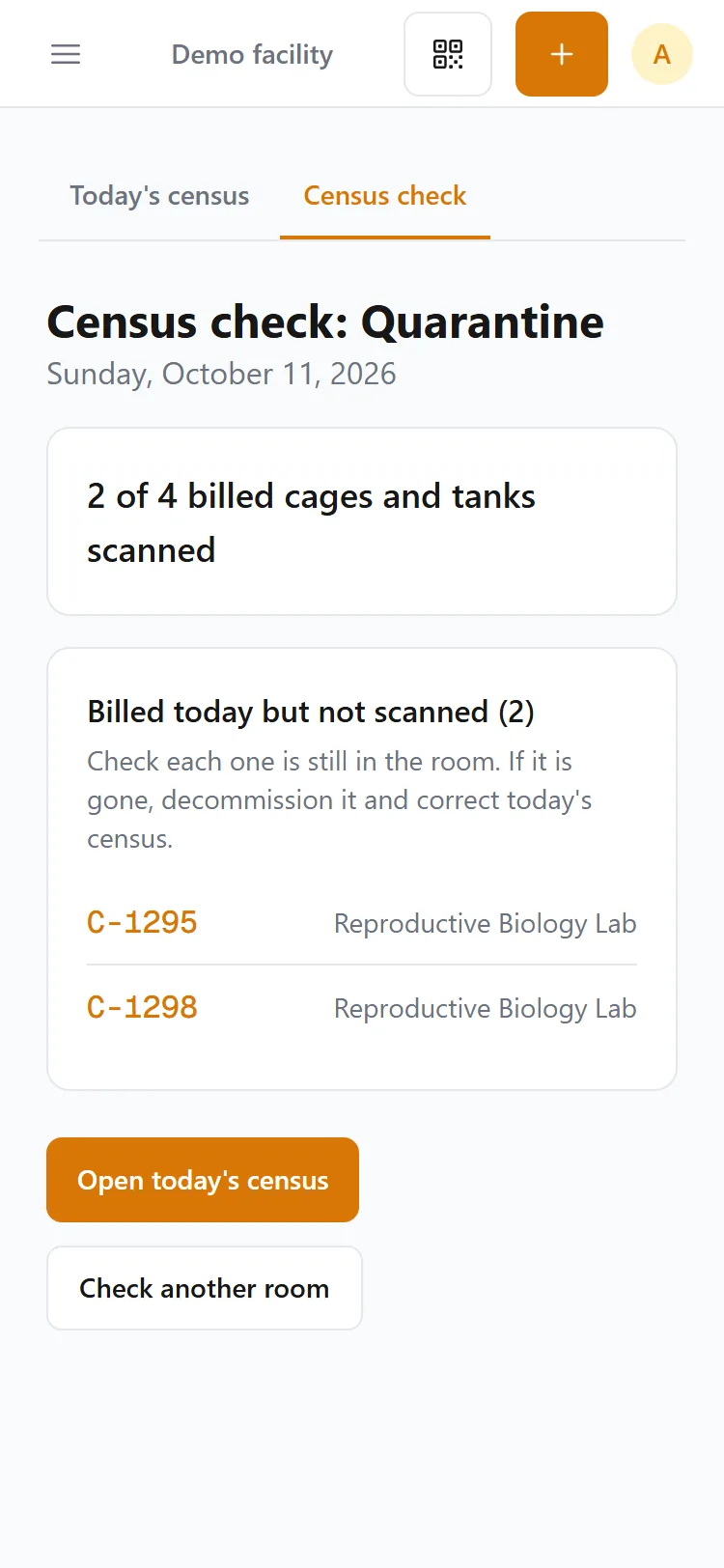 The finished census check: 2 of 4 billed cages scanned, listing the two billed cages that were not scanned.
