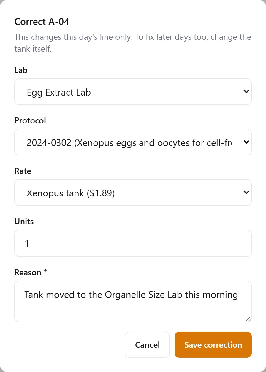 The correction form for tank A-04: lab, protocol, rate and units, with a required reason.