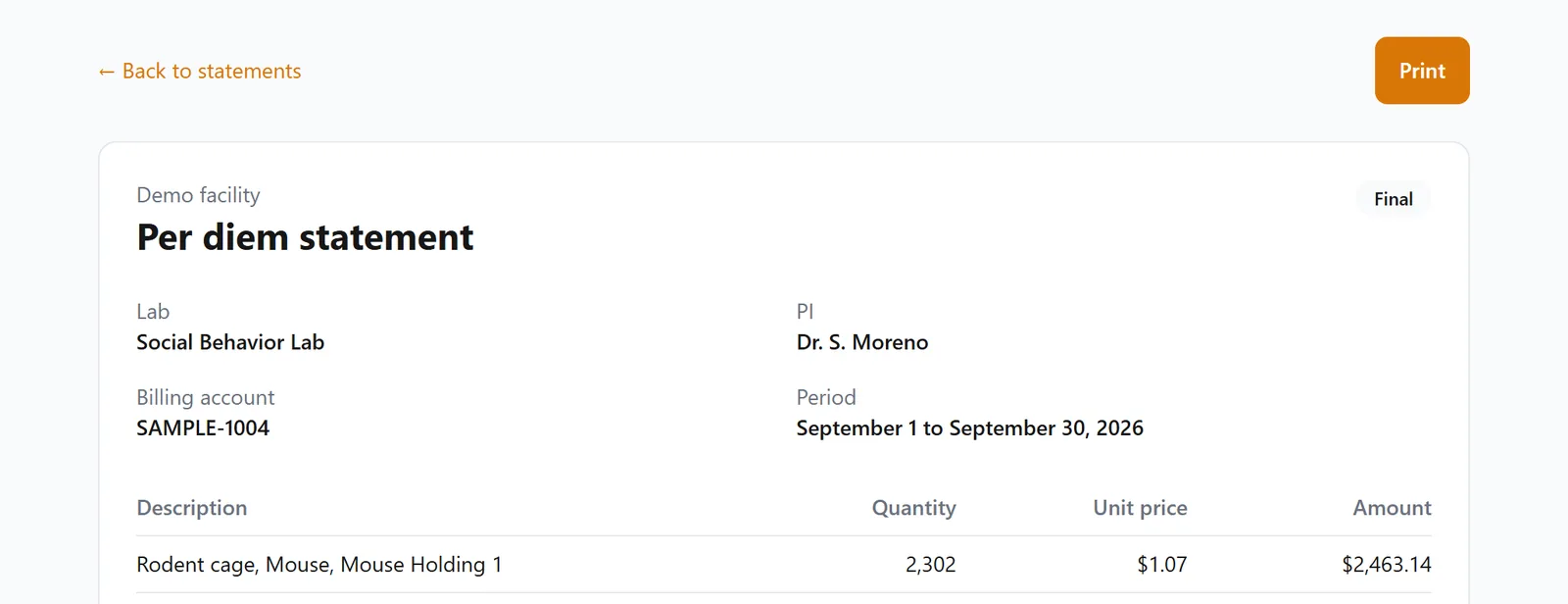 A final per diem statement for one lab: 2,302 rodent cage-days at $1.07 and one animal order processing charge.