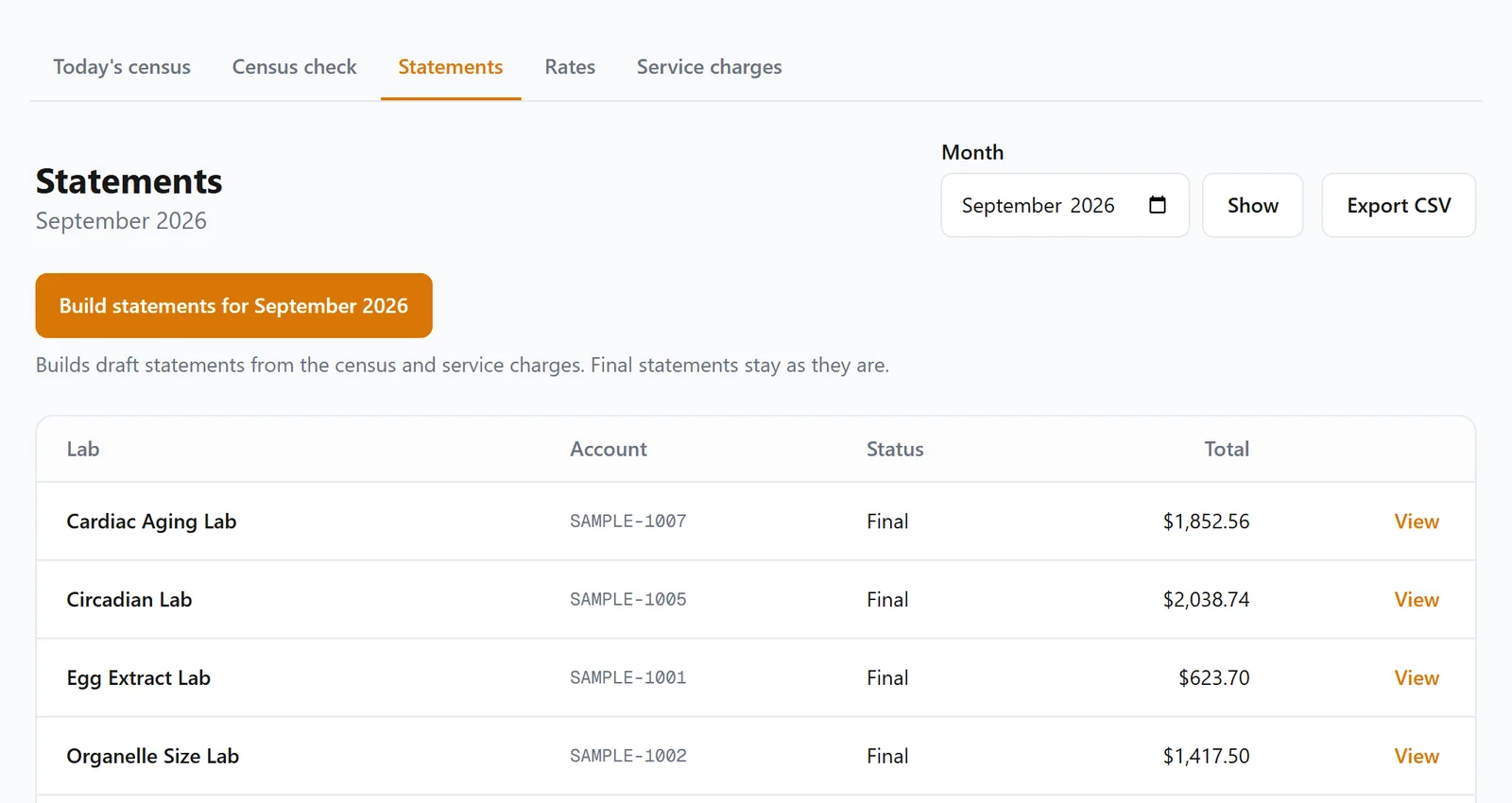September statements for seven sample labs, each with its billing account, status Final and total, and an Export CSV button.