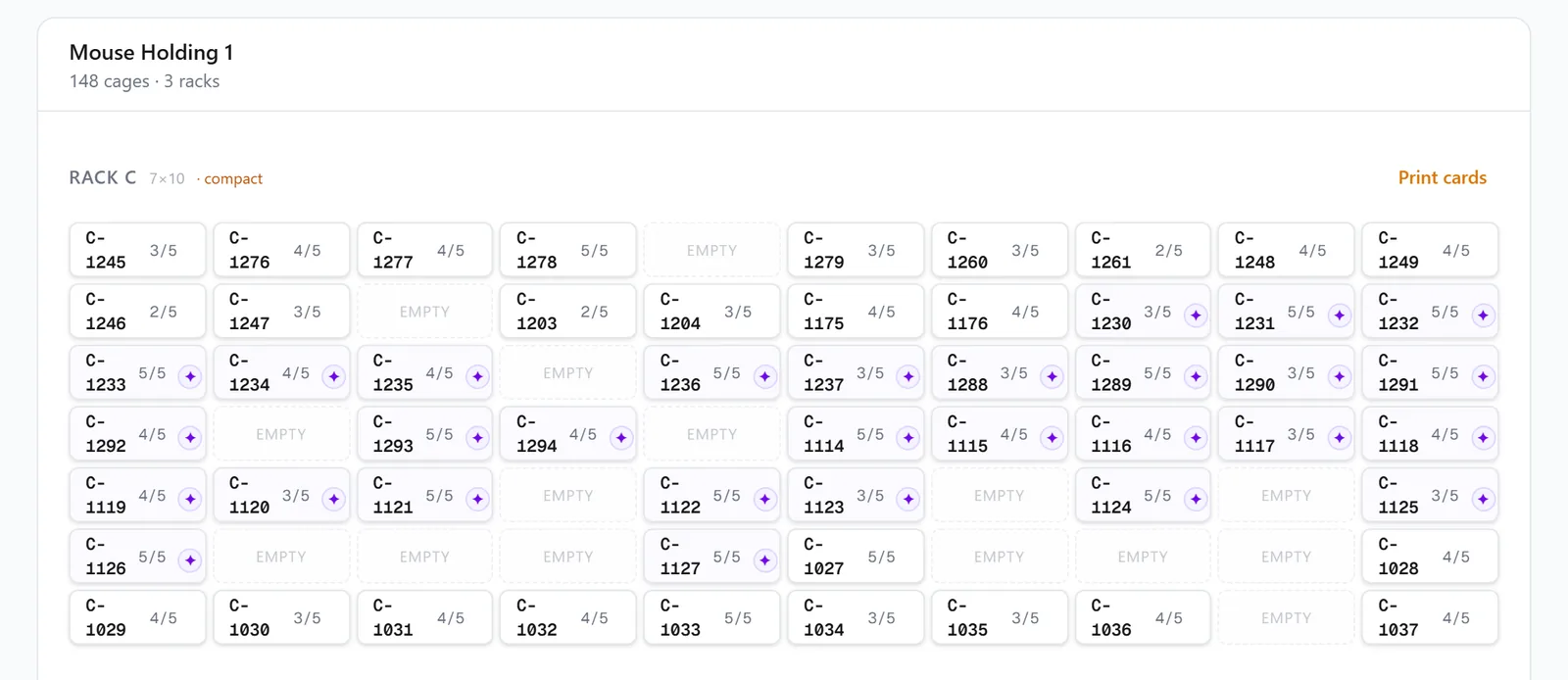 Mouse Holding 1 in Housing: 148 cages on 3 racks, with Rack C shown as a grid of cage positions and a Print cards link.