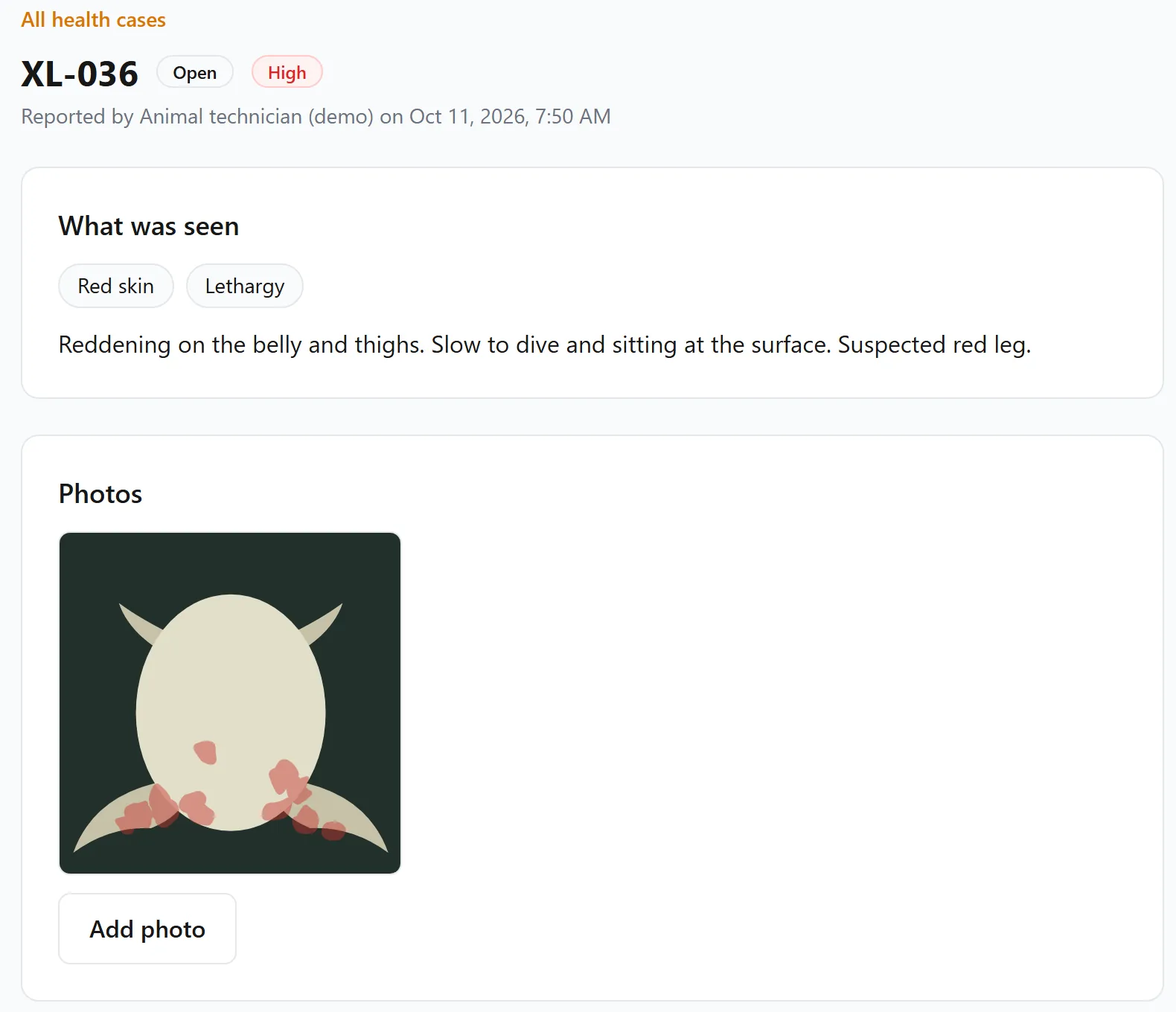 A suspected red leg case for frog XL-036, marked open and high severity, with the signs seen, the note and the photo from the report.