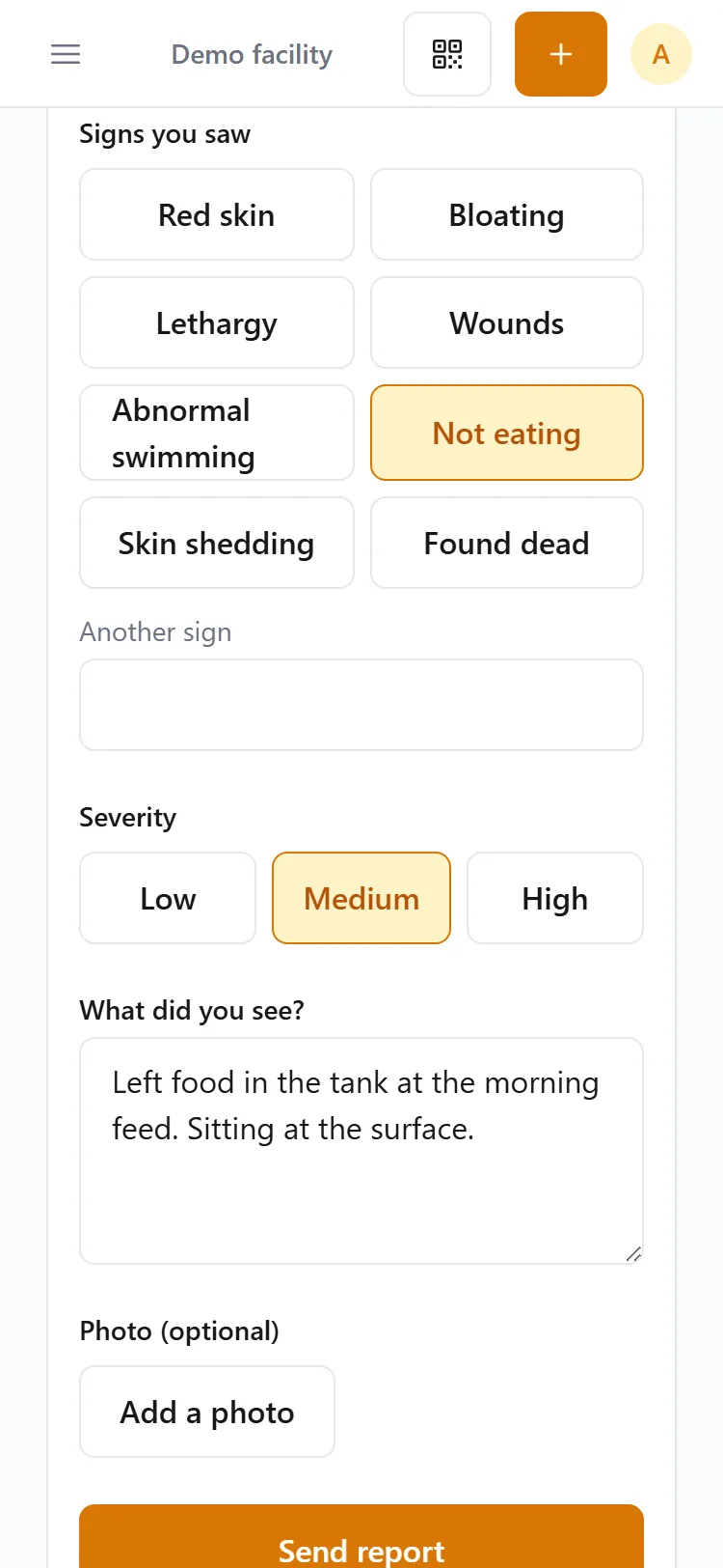 A health report for frog XL-031 on a phone: the sign Not eating selected, medium severity, a note on what was seen, and Add a photo.
