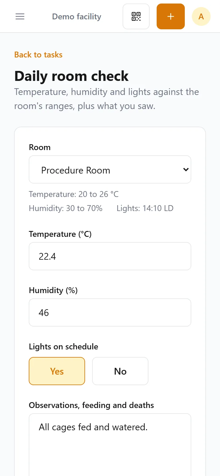 The daily room check on a phone for the Procedure Room: temperature 22.4 °C, humidity 46%, lights on schedule, and a note.