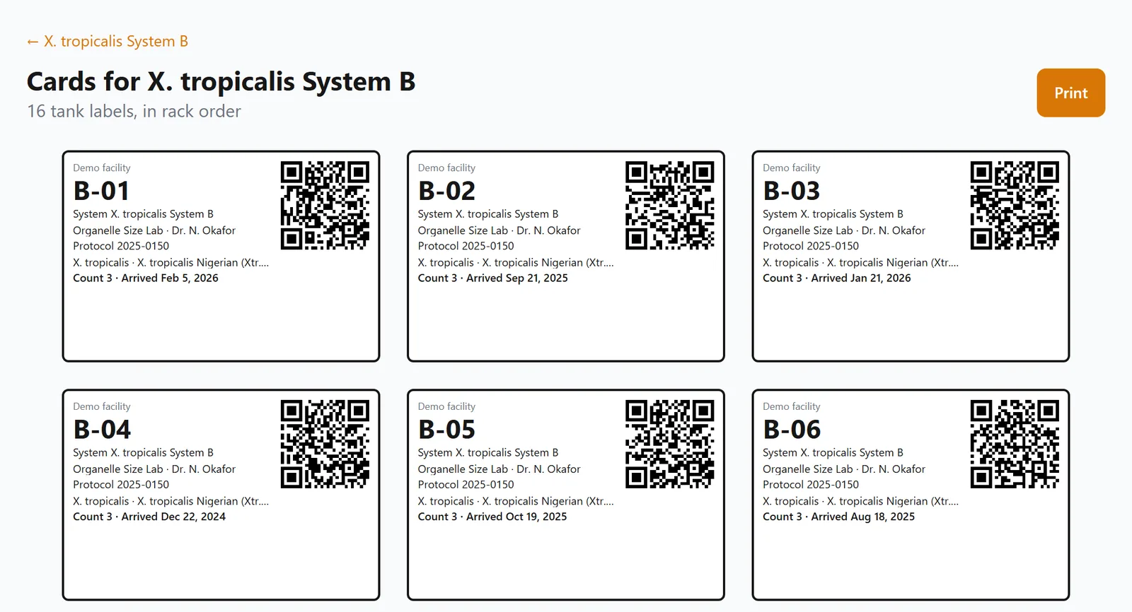Tank labels for X. tropicalis System B, each with the tank number, system, lab, PI, protocol, species, line, count, arrival date and a QR code.
