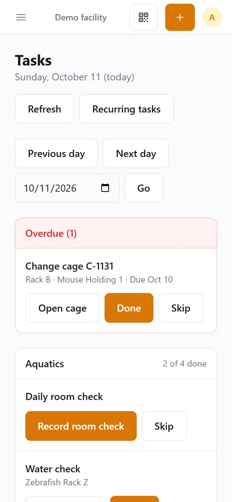 The task board on a phone: an overdue cage change with Open cage, Done and Skip, then the Aquatics room's checks.