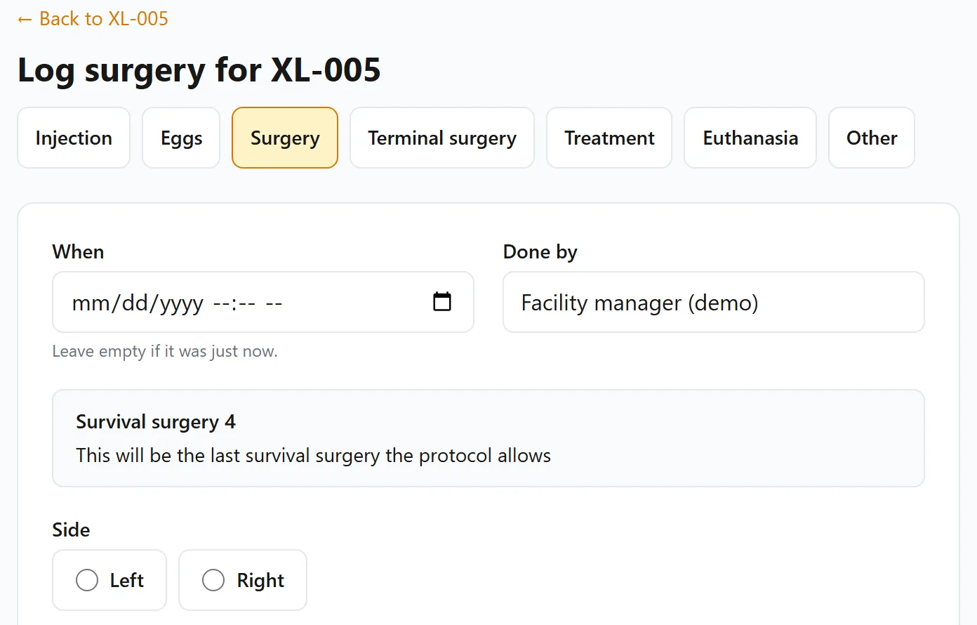 Logging a surgery for XL-005: survival surgery 4, with the warning that it will be the last survival surgery the protocol allows.