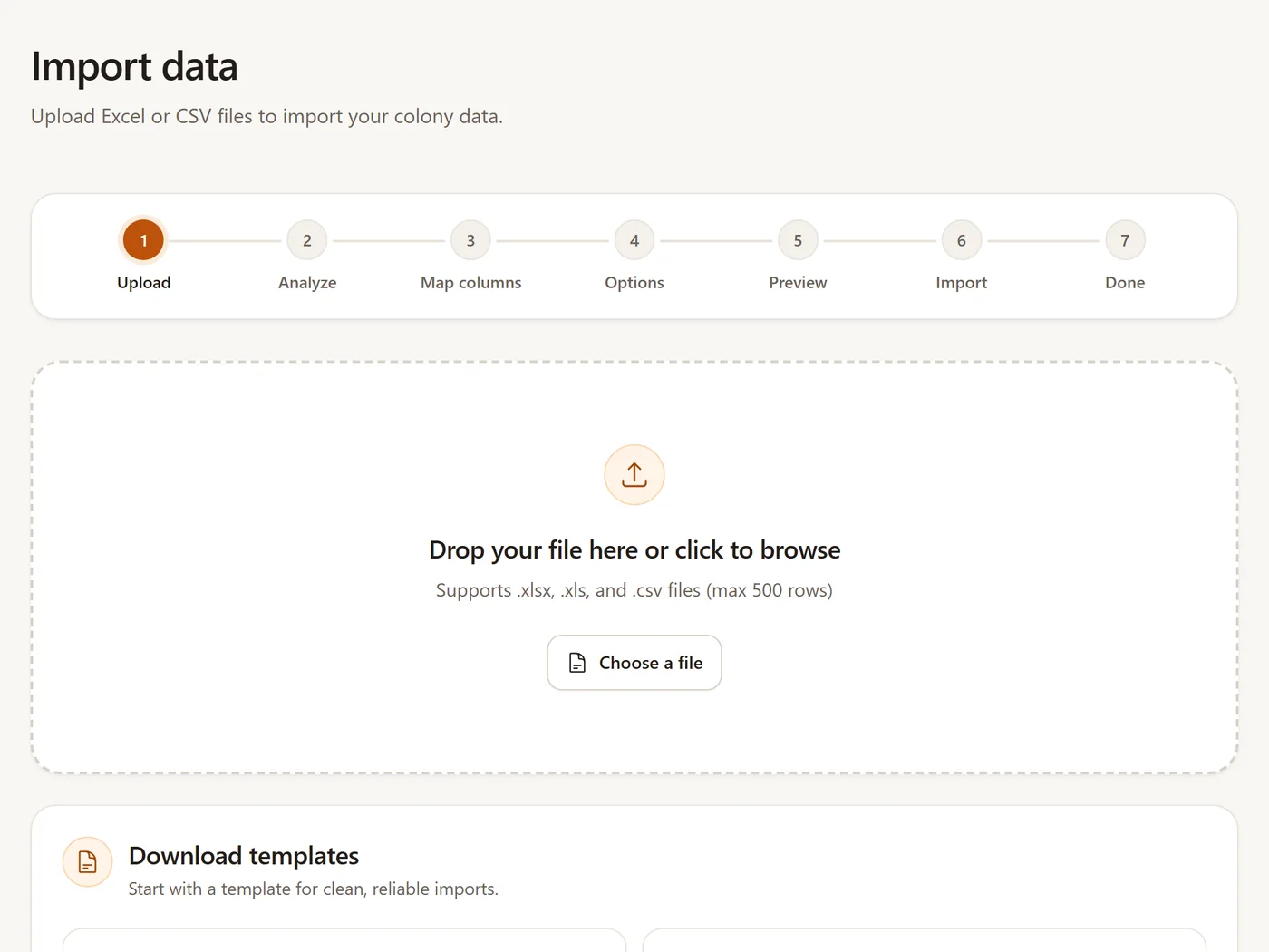 The import wizard's first step: seven steps from upload to done, and a drop zone for Excel and CSV files.