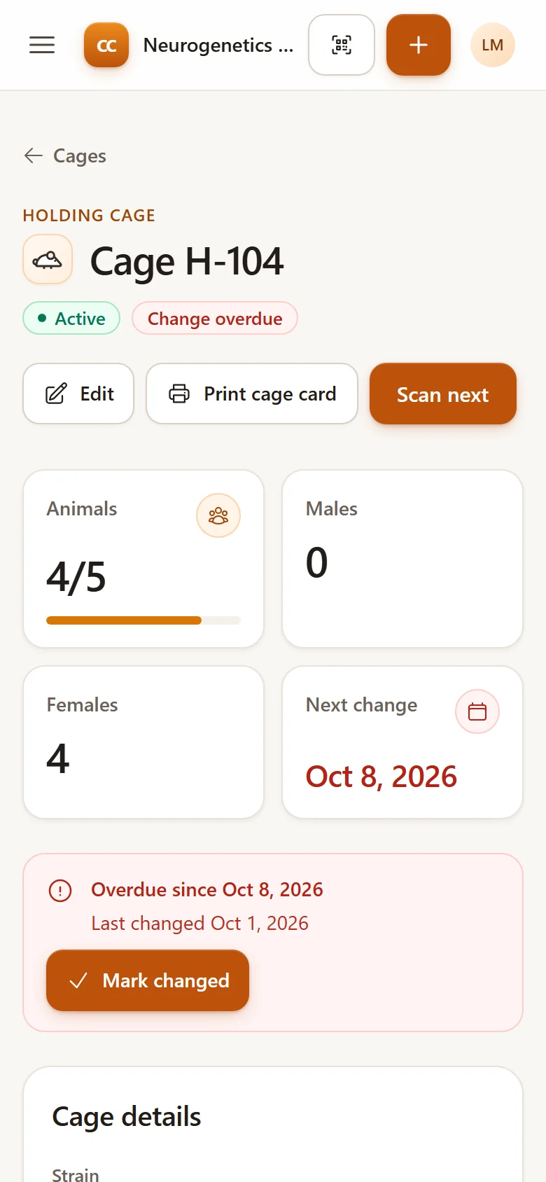 A cage page on a phone, opened by scanning its card: cage H-104 is overdue for a change, with Scan next and Mark changed buttons.