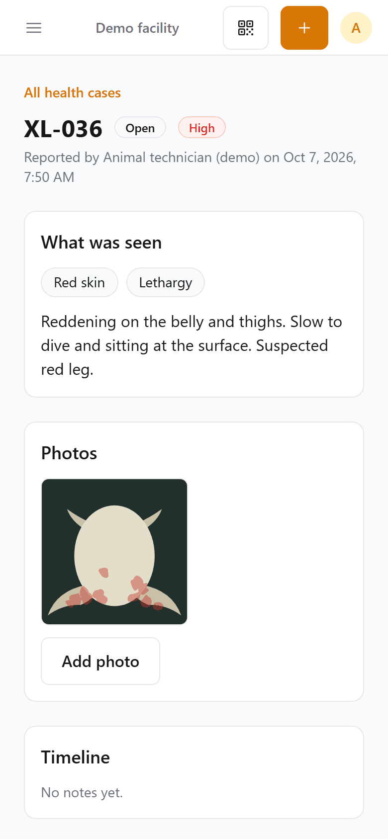 A sick-frog report on a phone, with what was seen and the photo taken at the tank.