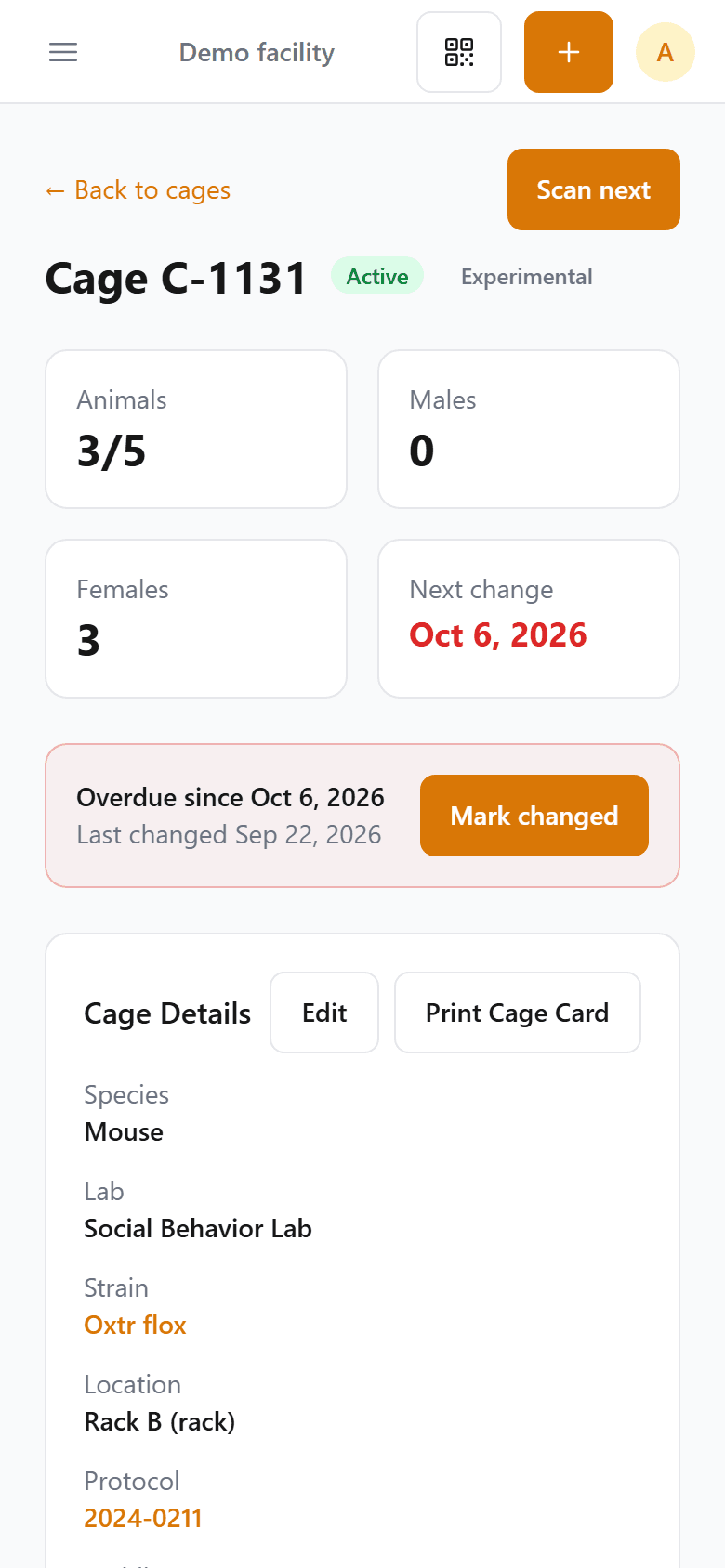 A cage page on a phone, opened by scanning its card: the cage is overdue for a change, with Scan next and Mark changed buttons.