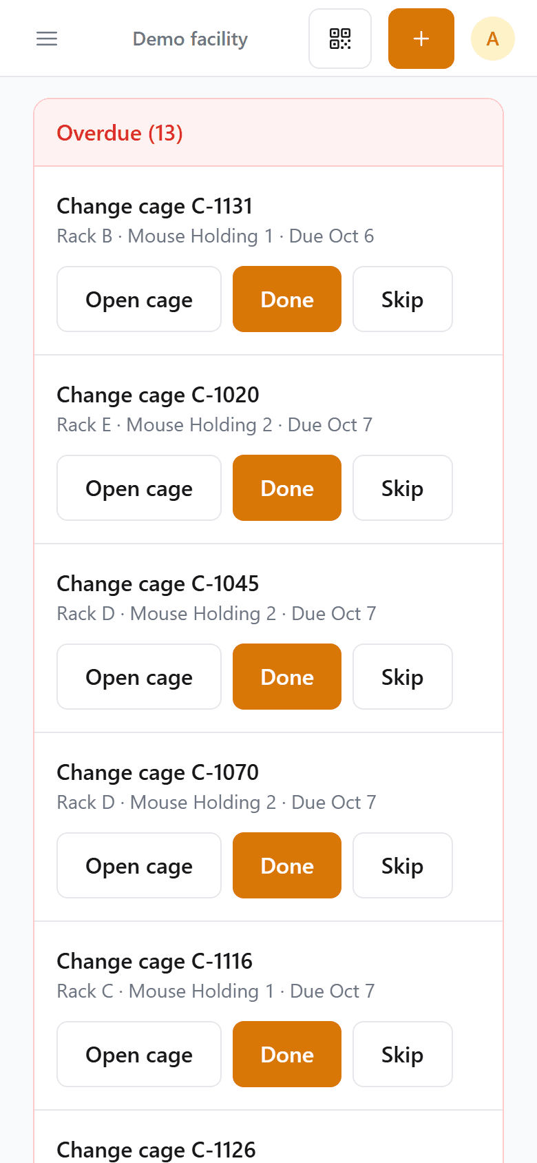 Today's tasks on a phone: overdue cage changes, each with Open cage, Done and Skip buttons.