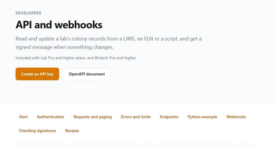ConductColony developer guide for the API and webhooks, with its sections from authentication to recipes